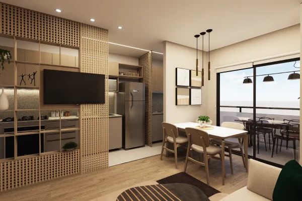 Sala de estar do apartamento decorado com mesa de jantar, painel de TV em madeira clara e iluminação embutida, transmitindo aconchego e sofisticação.