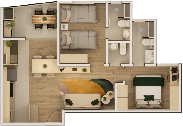2 Suítes com lavabo [57,23m²]​