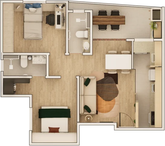 2 Dormitórios com suíte e closet [57,89m²]​